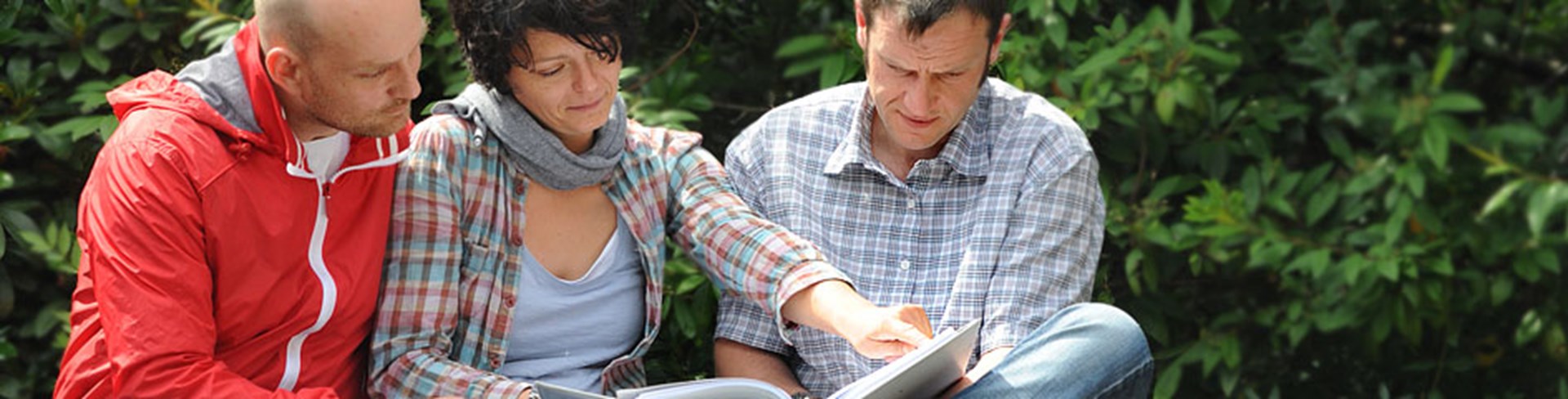 Zwei Männer und eine Frau lesen im Fachbuch