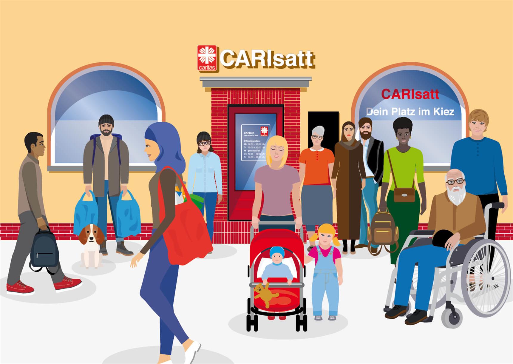 Vor dem CariSatt Laden in Neukölln mit vielen Gästen