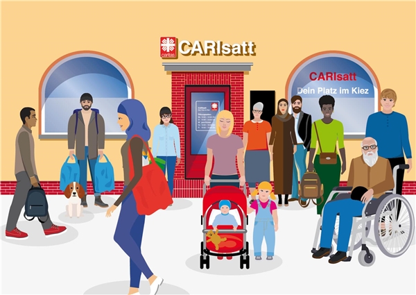 Vor dem CariSatt Laden in Neukölln mit vielen Gästen